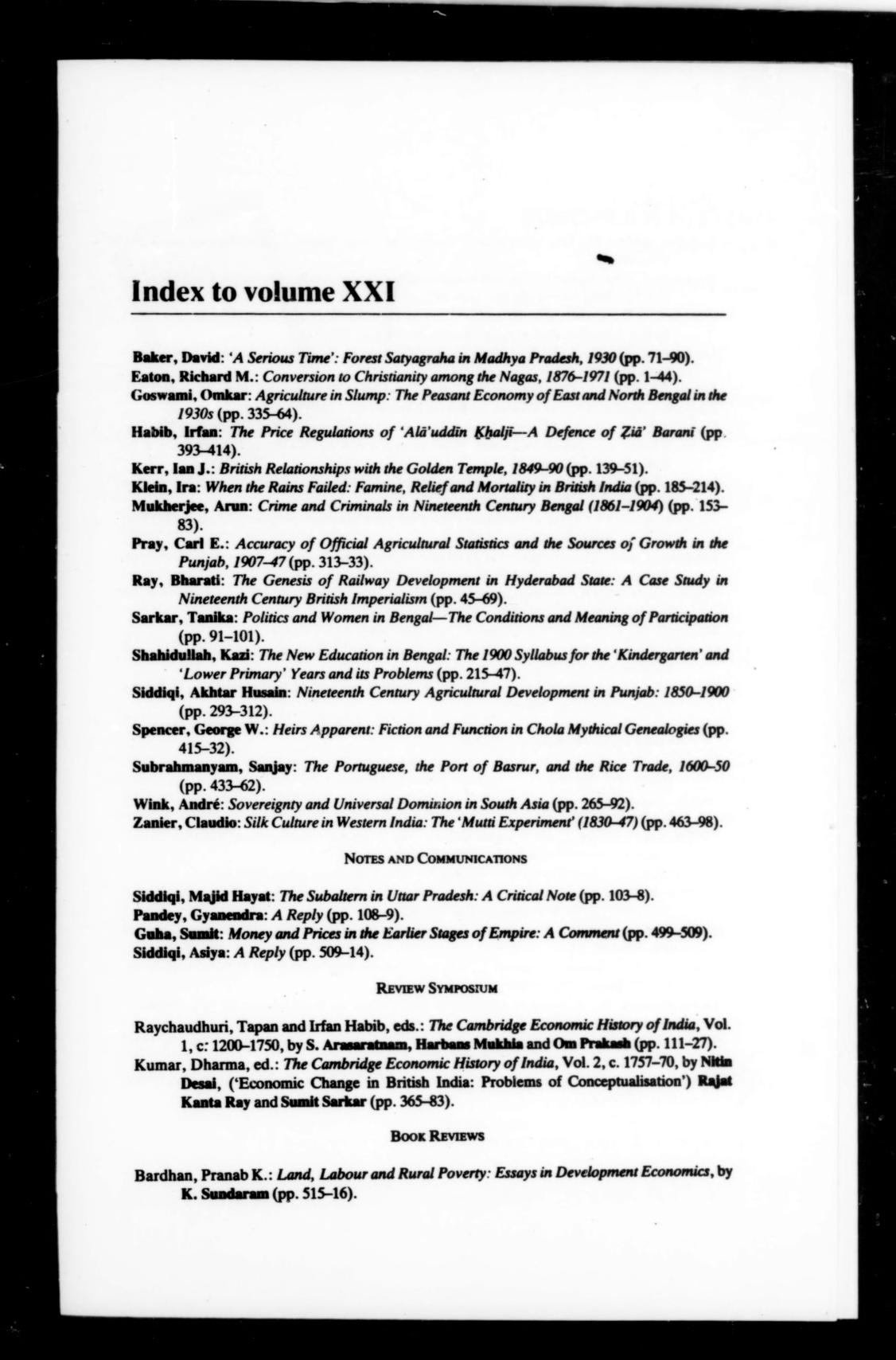 The Indian Economic and Social History Review 1984: Vol 21 Index 